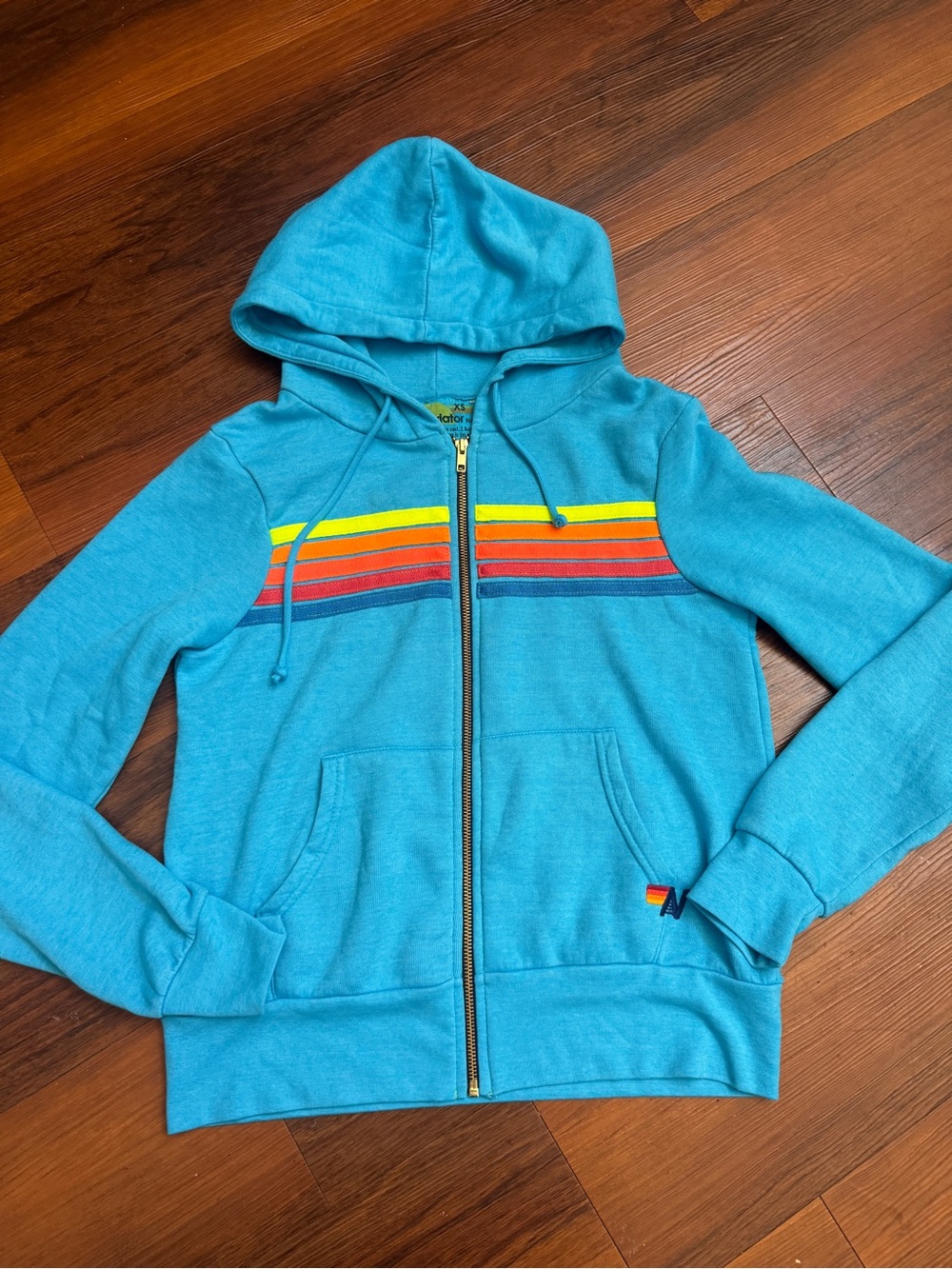 NWT Aviator Nation 5 Stripe Rainbow Zip Hoodie Blue XS